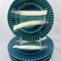 Creil et Montereau Barbotine Teal Asparagus Plates, set/4 - SOLD